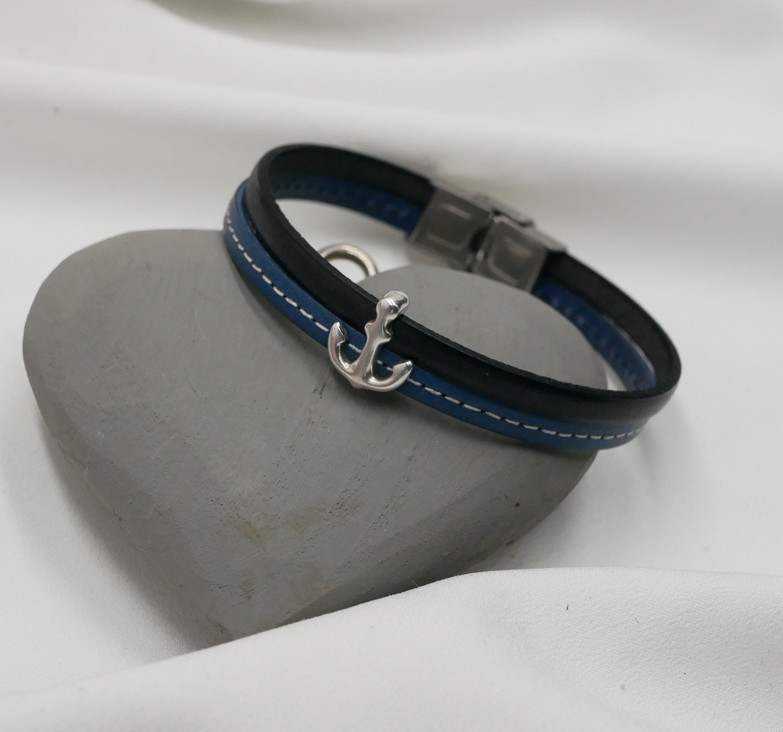 Bracciale da uomo in pelle blu con impunture Ancora marina personalizzabile 