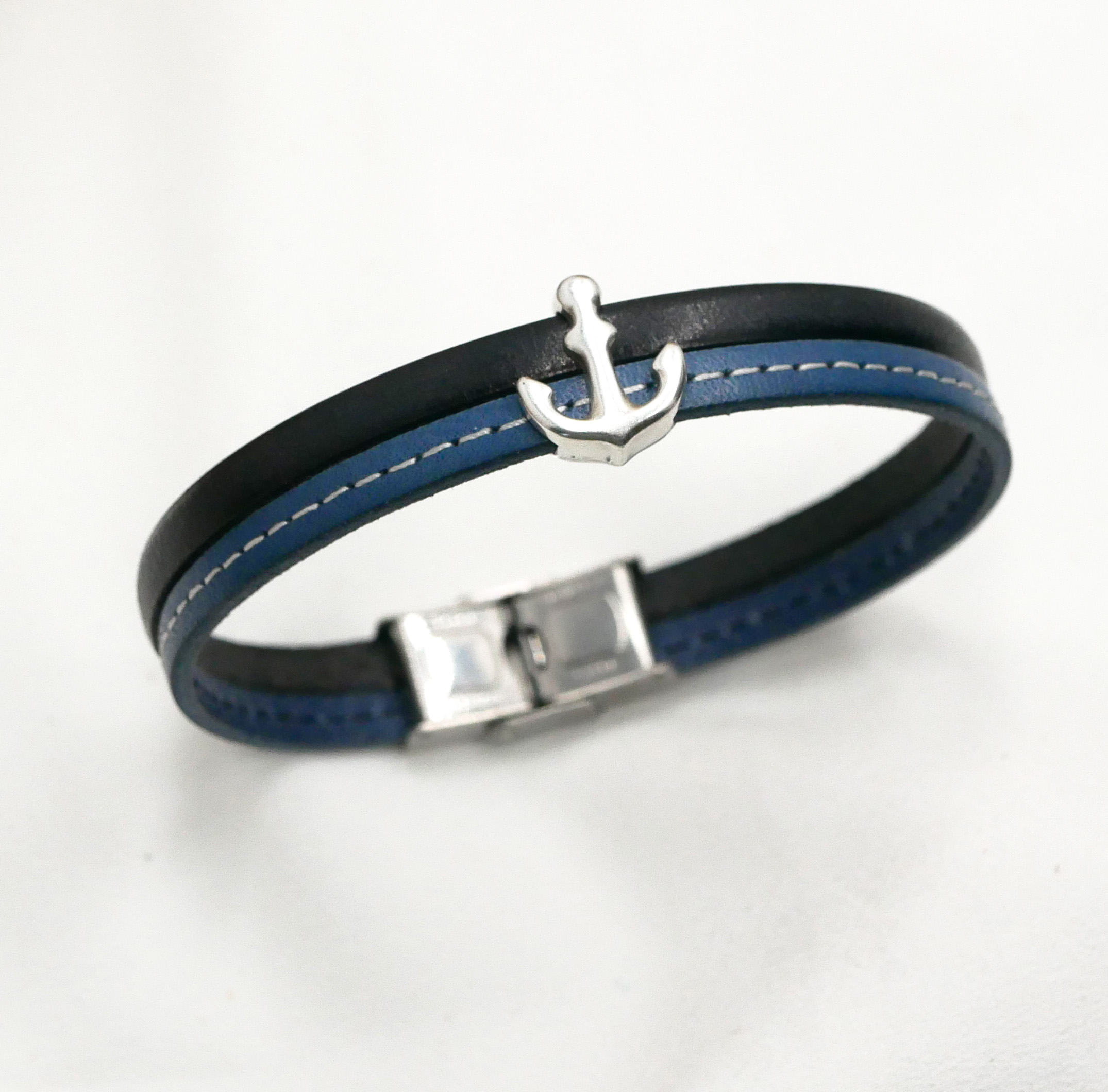 Bracciale da uomo in pelle blu con impunture Ancora marina personalizzabile 