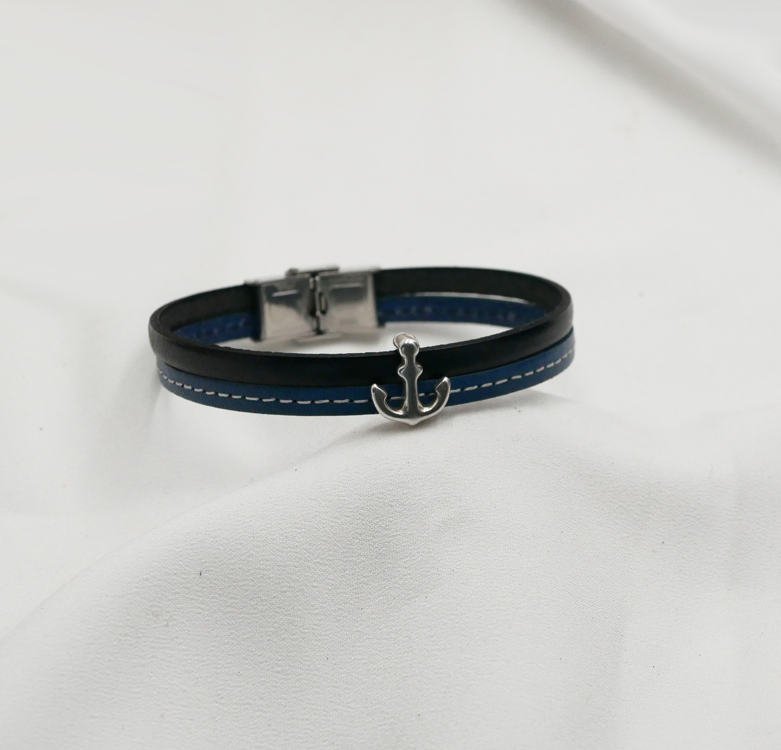 Bracciale da uomo in pelle blu con impunture Ancora marina personalizzabile 