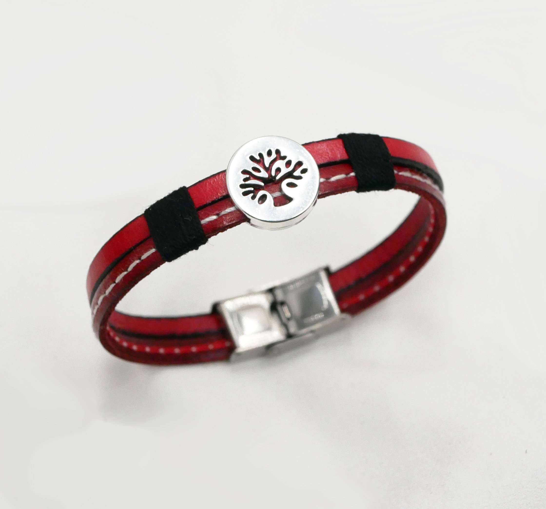 Bracciale da uomo in pelle rossa duo con impunture Albero della vita personalizzabile 