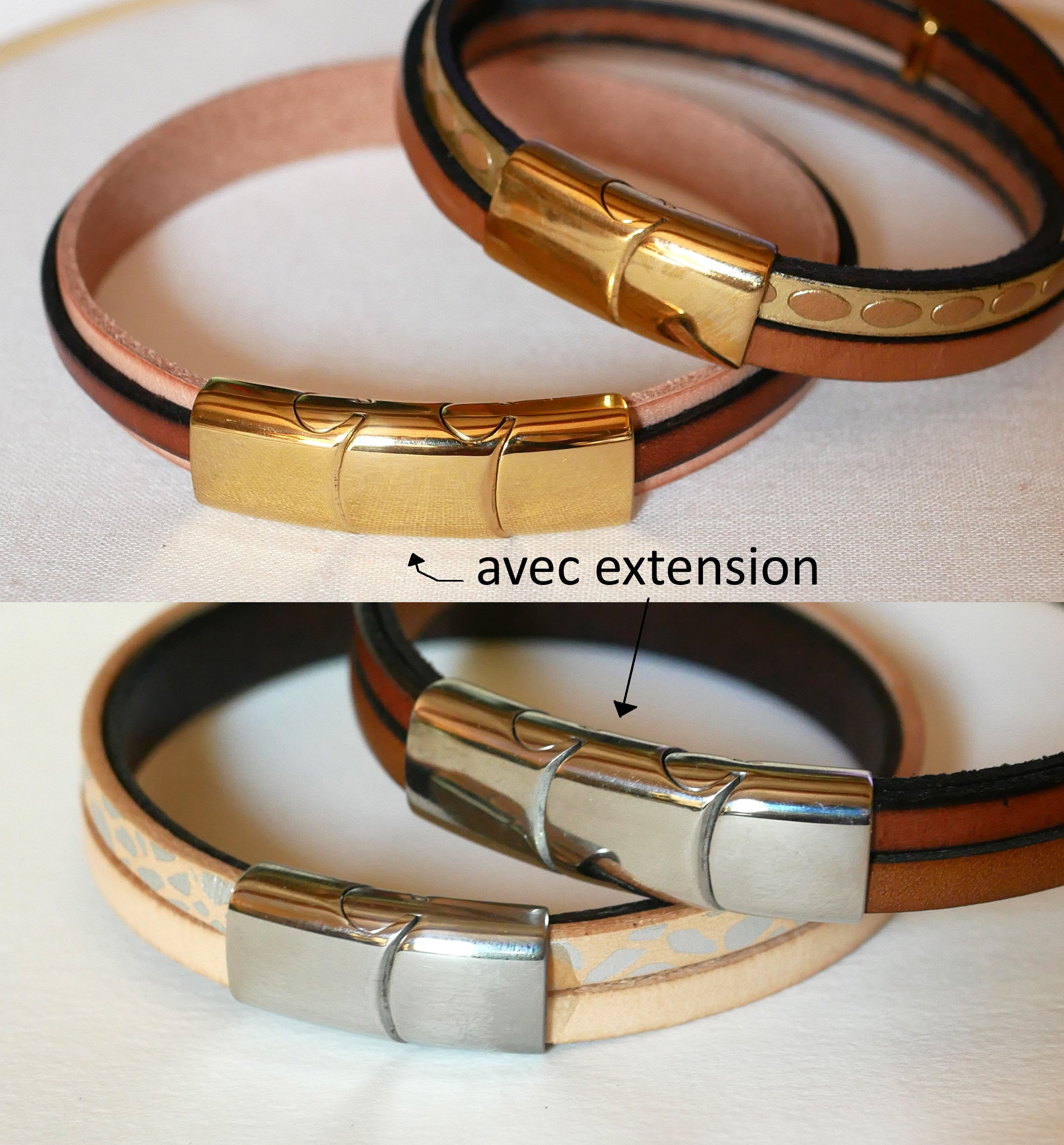 Bracciale da donna in pelle bicolore con messaggio inciso nascosto