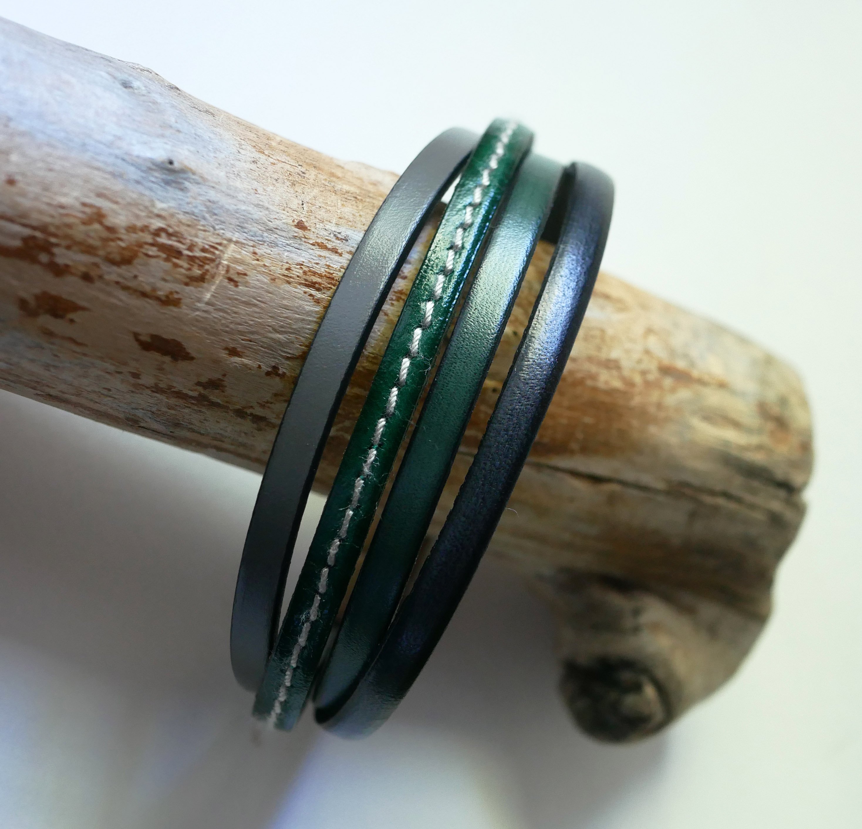 Bracciale da polso in pelle verde e grigia per uomo