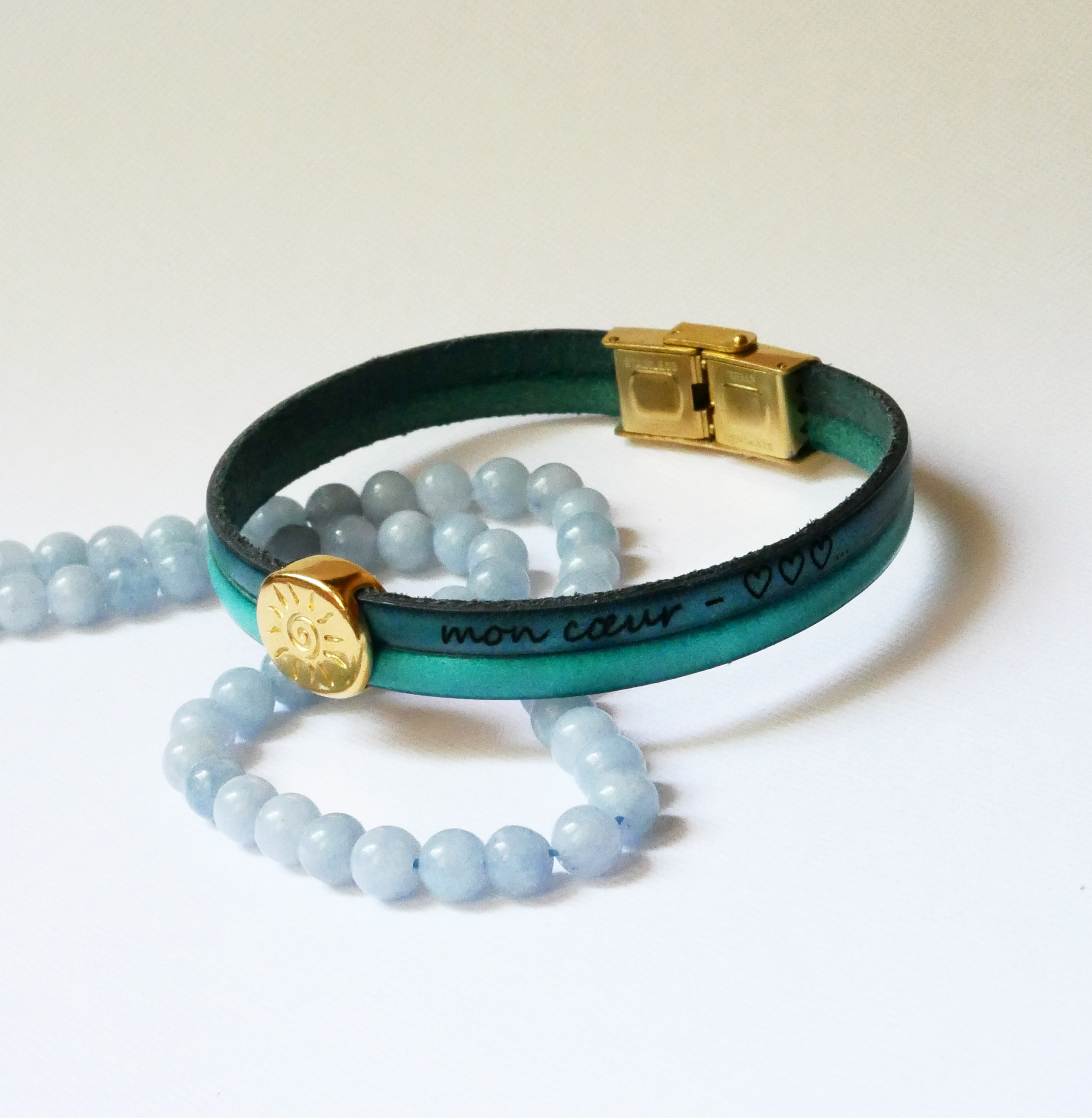 Bracciale Soleil in oro su duo di pelli da personalizzare e incidere