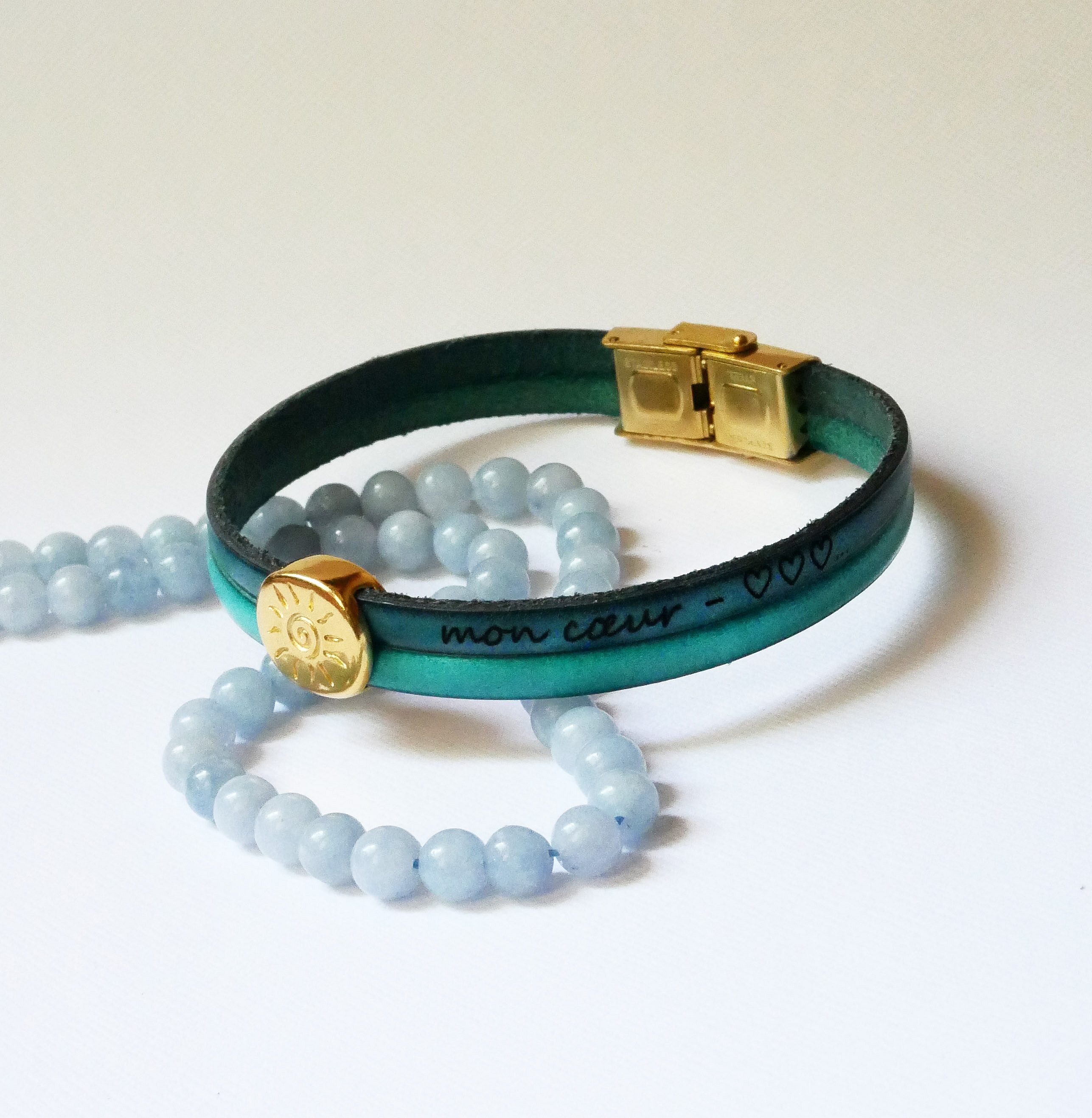 Bracciale Soleil in oro su duo di pelli da personalizzare e incidere