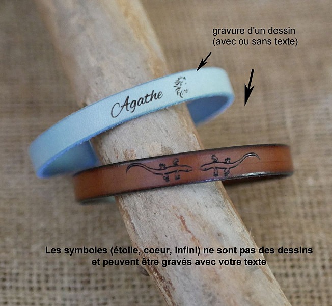 Bracelets en cuir personnalisés avec gravure de texte et dessin.