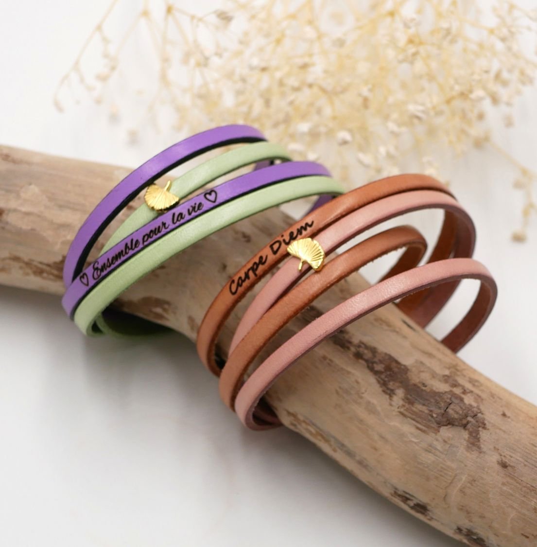 Bracciale Zen in pelle in due colori, personalizzabile con ginkgo dorato 