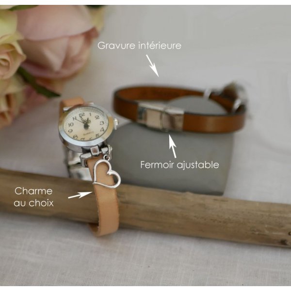 Orologio argento con charm e cinturino in pelle con chiusura regolabile