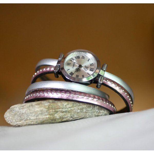 Orologio con doppio cinturino in pelle rosa metallizzata da personalizzare 