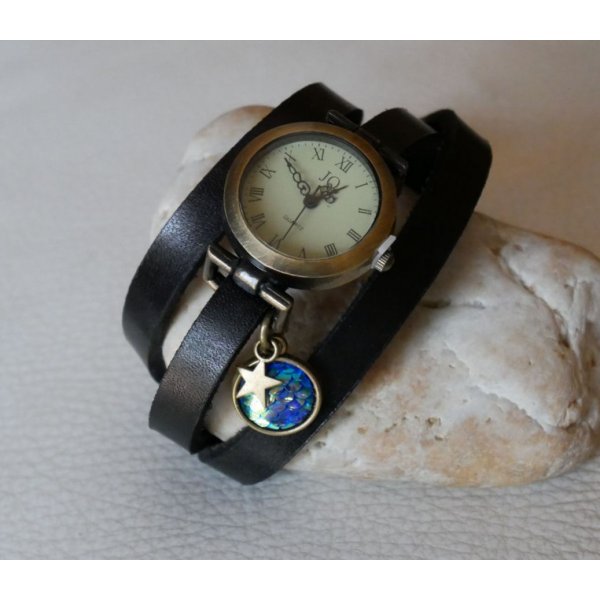 Orologio con bracciale in pelle e scaglie blu cabochon