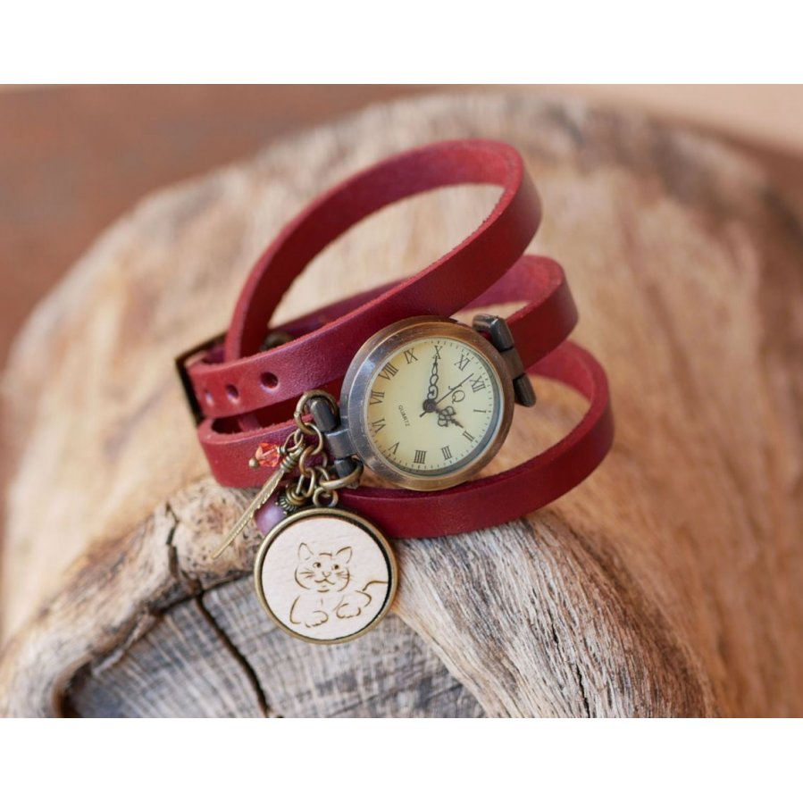 Orologio con bracciale in pelle e cabochon in legno da incidere