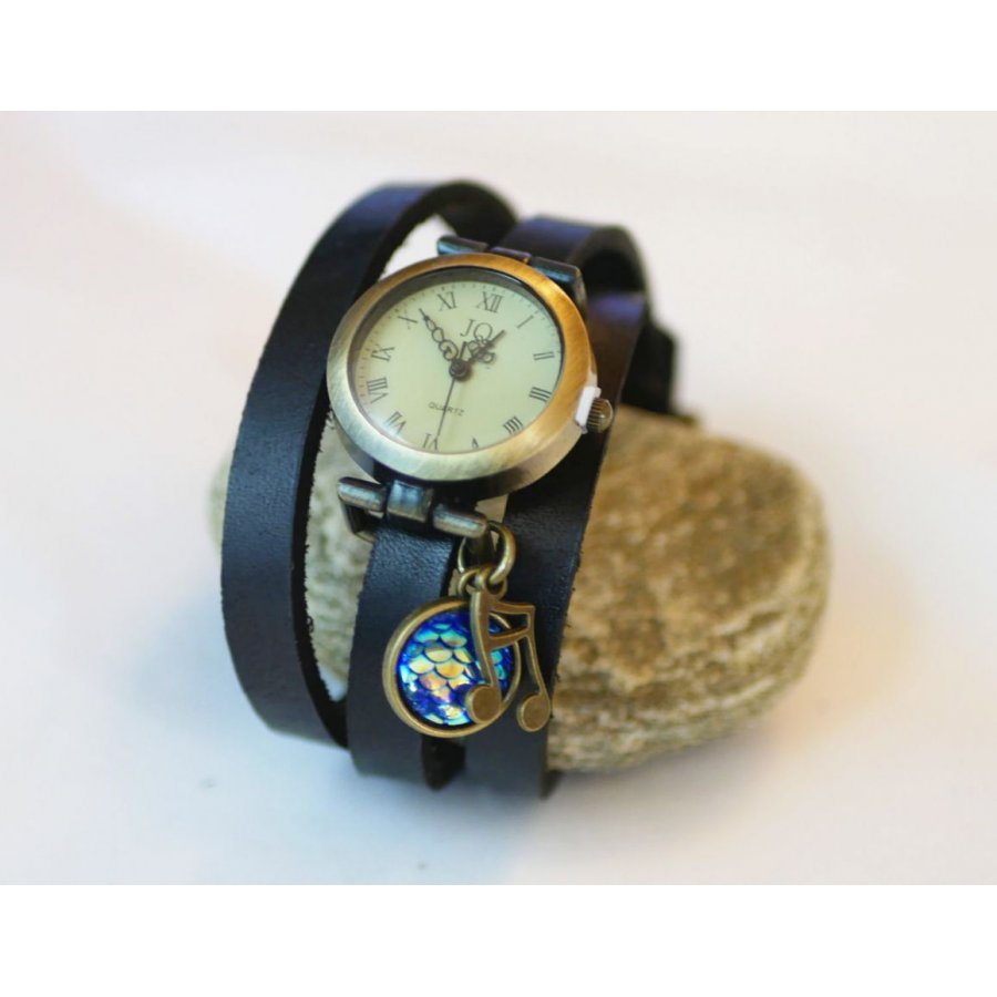 Orologio con bracciale in pelle e scaglie blu cabochon