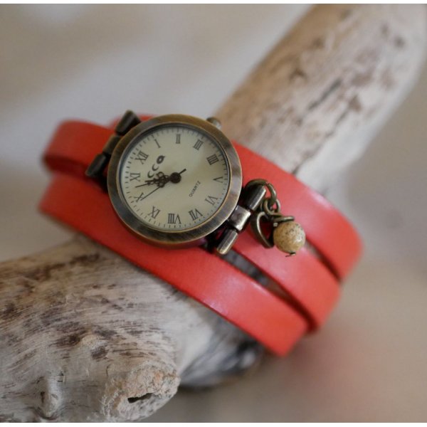 Orologio a bracciale in pelle a 2 o 3 giri con perla e ciondolo