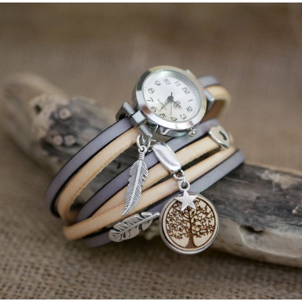 Orologio Triple Tour in duo pelle e cabochon in legno da personalizzare 