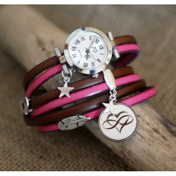 Orologio Triple Tour in duo pelle e cabochon in legno da personalizzare 