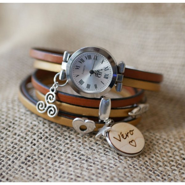Orologio Triple Tour in duo pelle e cabochon in legno da personalizzare 