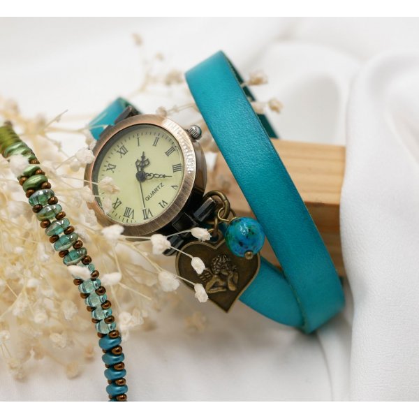 Orologio bracciale in pelle bronzo 2 giri chiusura regolabile