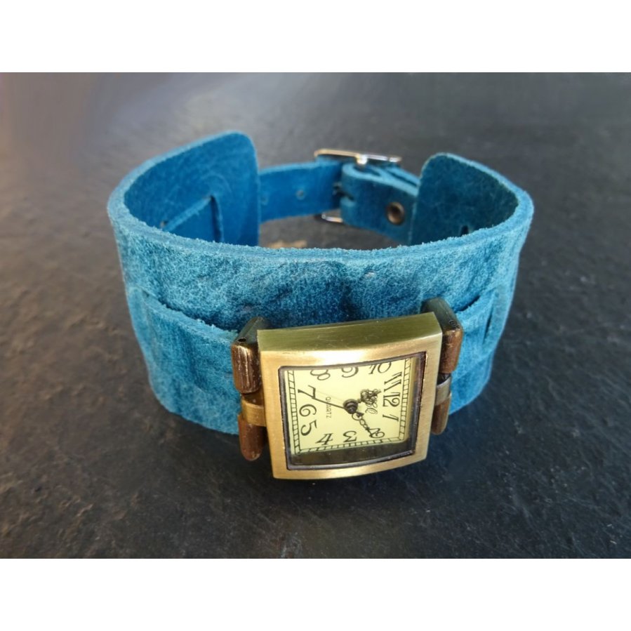 Orologio quadrato con bracciale in pelle blu