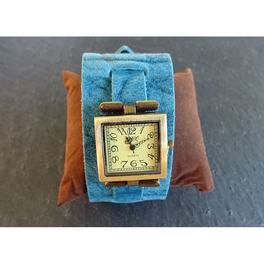 Orologio quadrato con bracciale in pelle blu