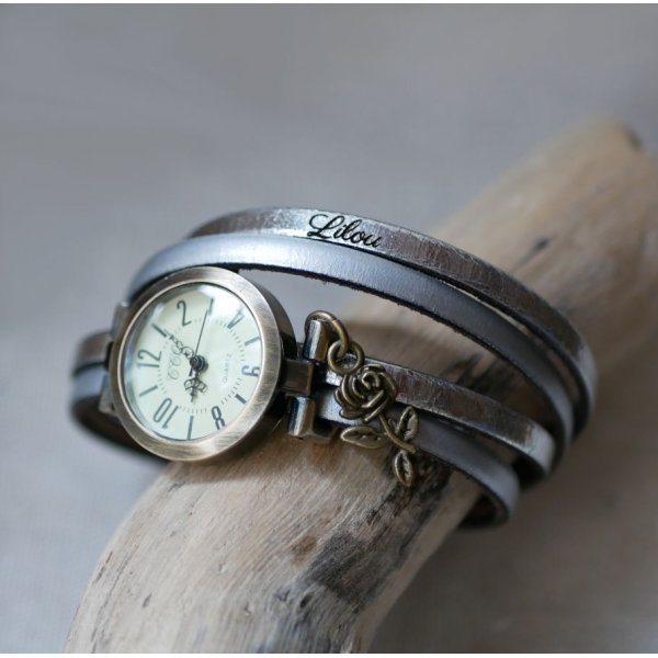 Orologio personalizzabile con quadrante in bronzo e numeri arabi su un cinturino in pelle a 2 giri di lancetta 