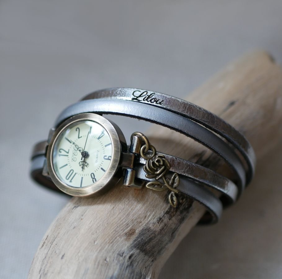 Orologio personalizzabile con quadrante in bronzo e numeri arabi su un cinturino in pelle a 2 giri di lancetta 