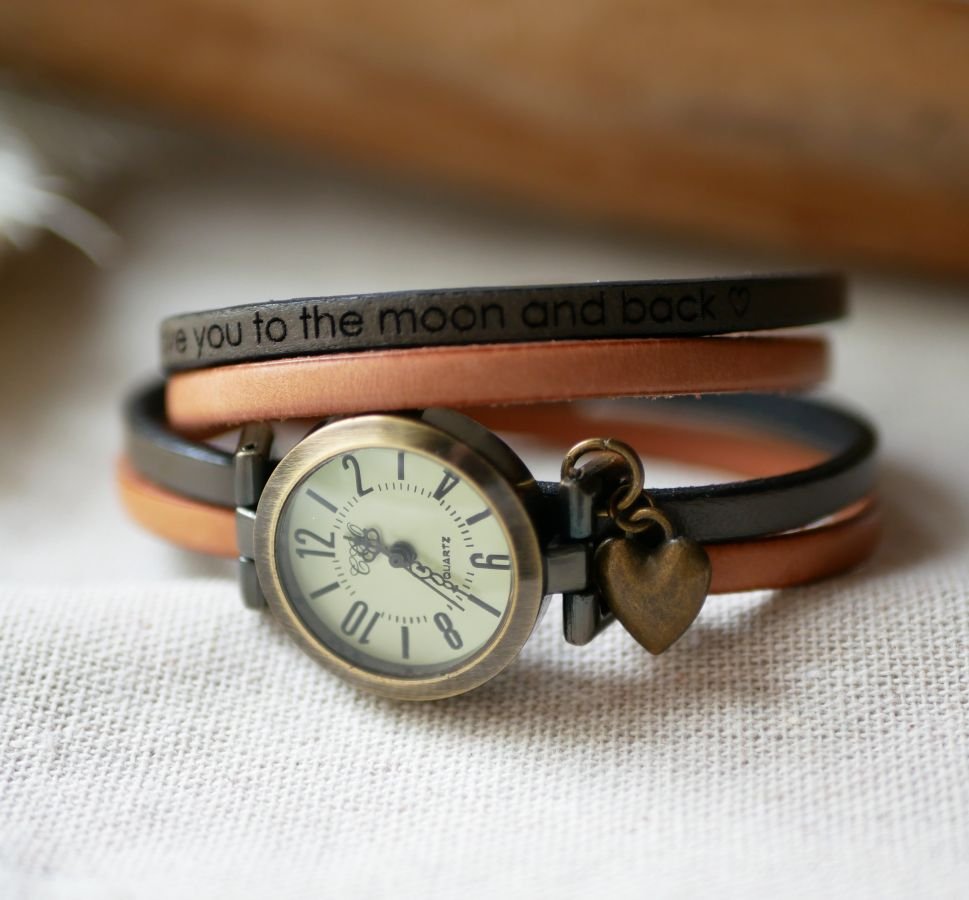 Orologio personalizzabile con quadrante in bronzo e numeri arabi su un cinturino in pelle a 2 giri di lancetta 