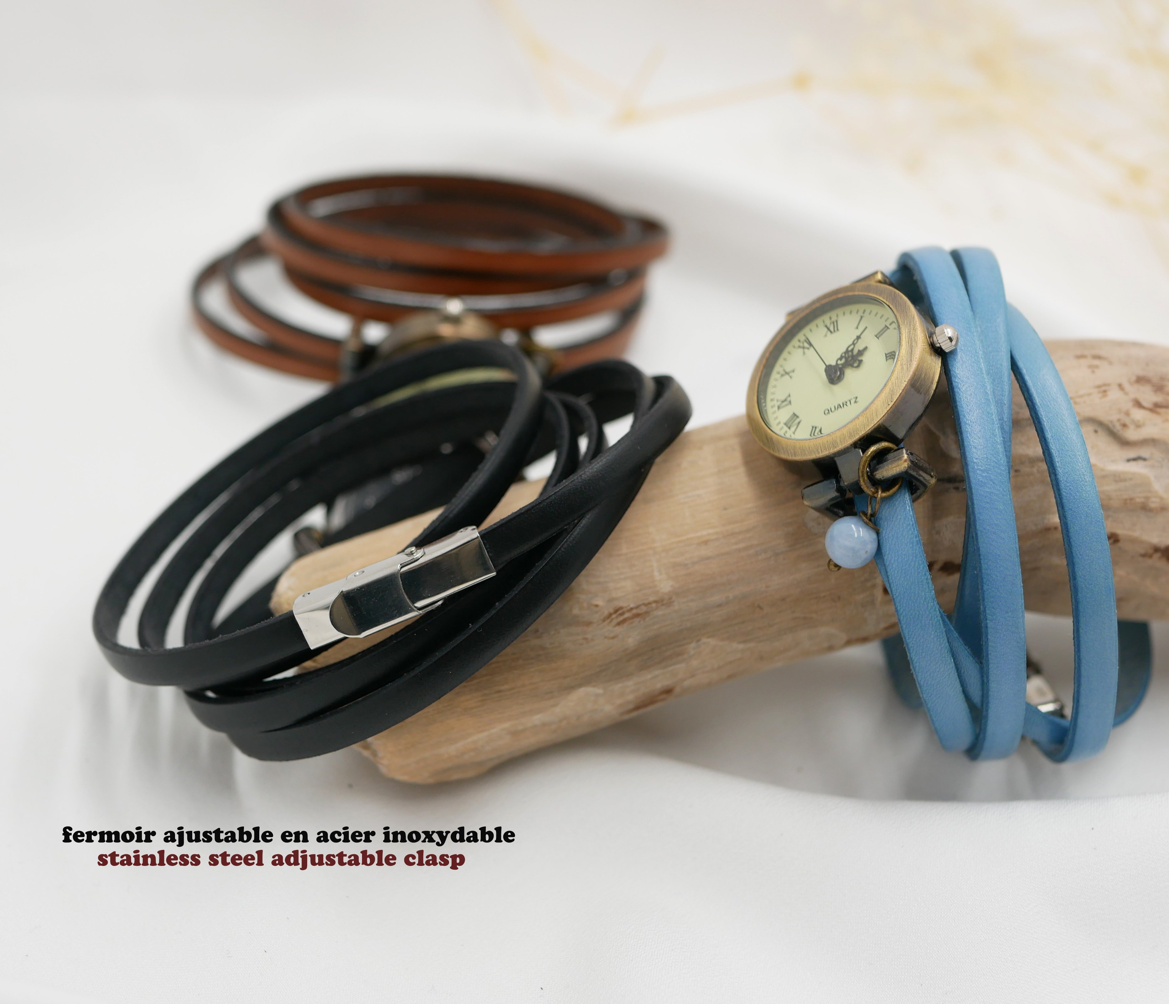Orologio vintage in pelle multigiro con chiusura regolabile