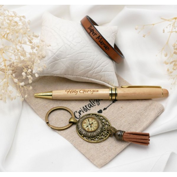Borsa regalo da donna con penna in legno incisa + tracolla in pelle personalizzabile + portachiavi 