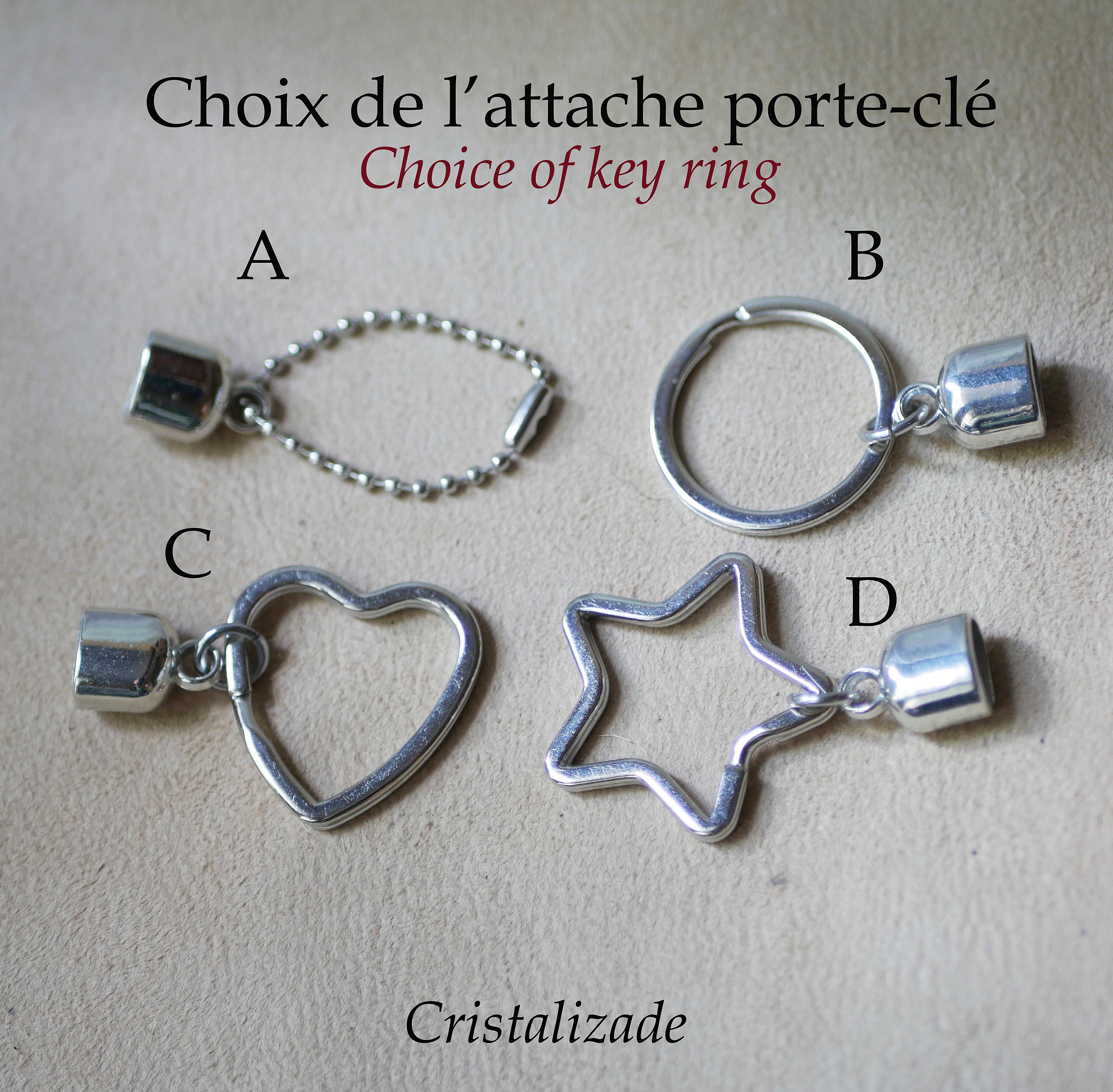 Différents modèles d'attaches métalliques pour porte-clés personnalisables.