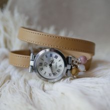 Orologio con bracciale in pelle e perline color cammello