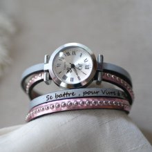 Orologio con doppio cinturino in pelle rosa metallizzata da personalizzare 
